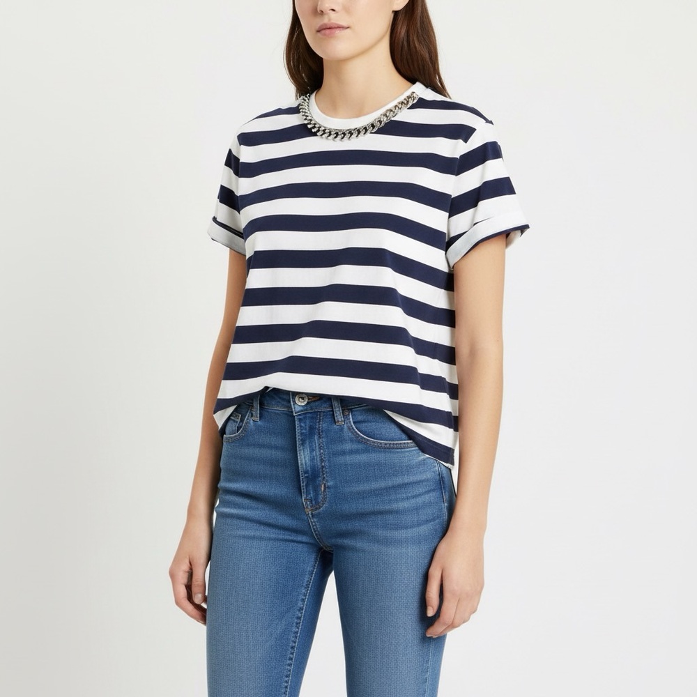Sandro Paris 100% Cotton Striped Blue White Chain Tee T Shirt Size 1 US S